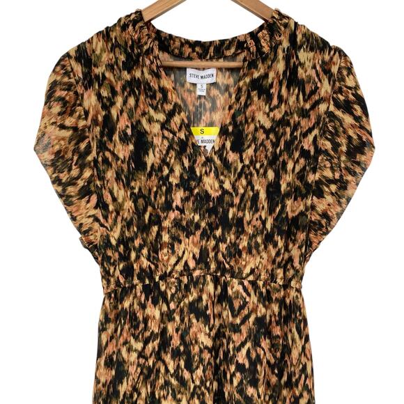STEVE MADDEN NWT Tiered Printed V Neck Midi Dress Brown Size Small Lined - Picture 3 of 7